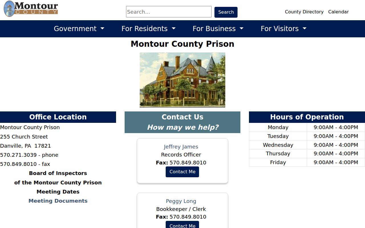 Montour County arrest and booking records at the county prison