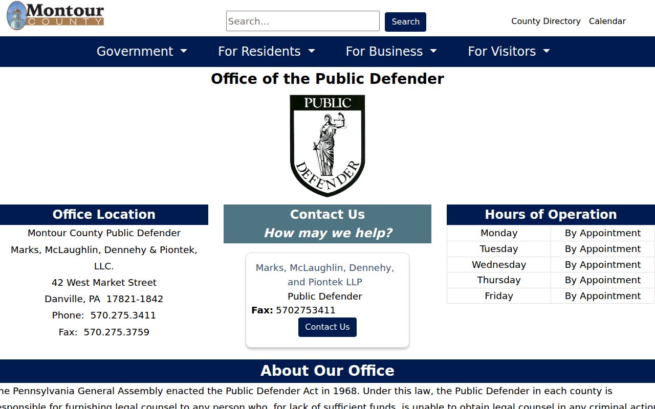 Montour County criminal court case Public Defender information