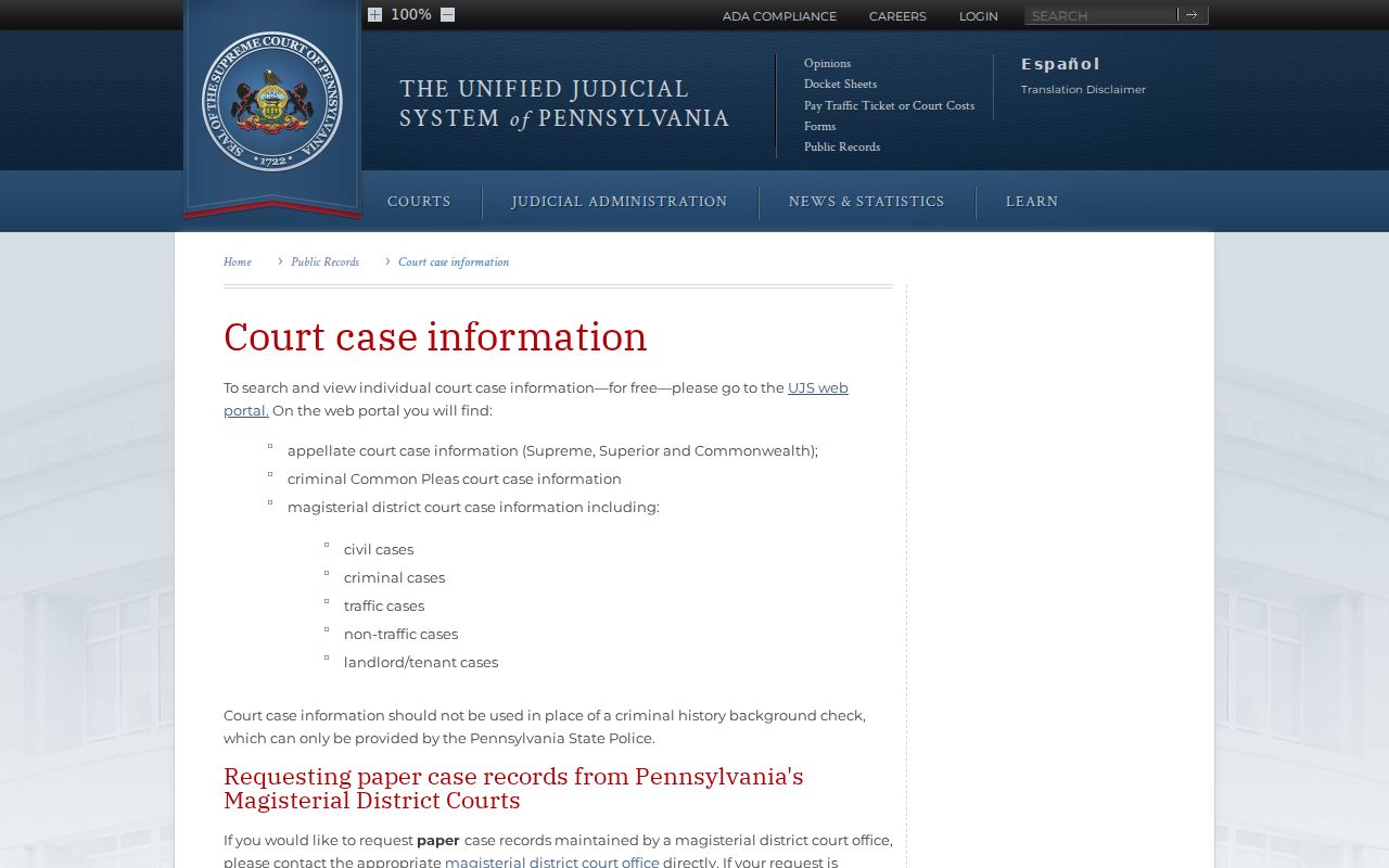 Pennsylvania court information for Montour County criminal court cases