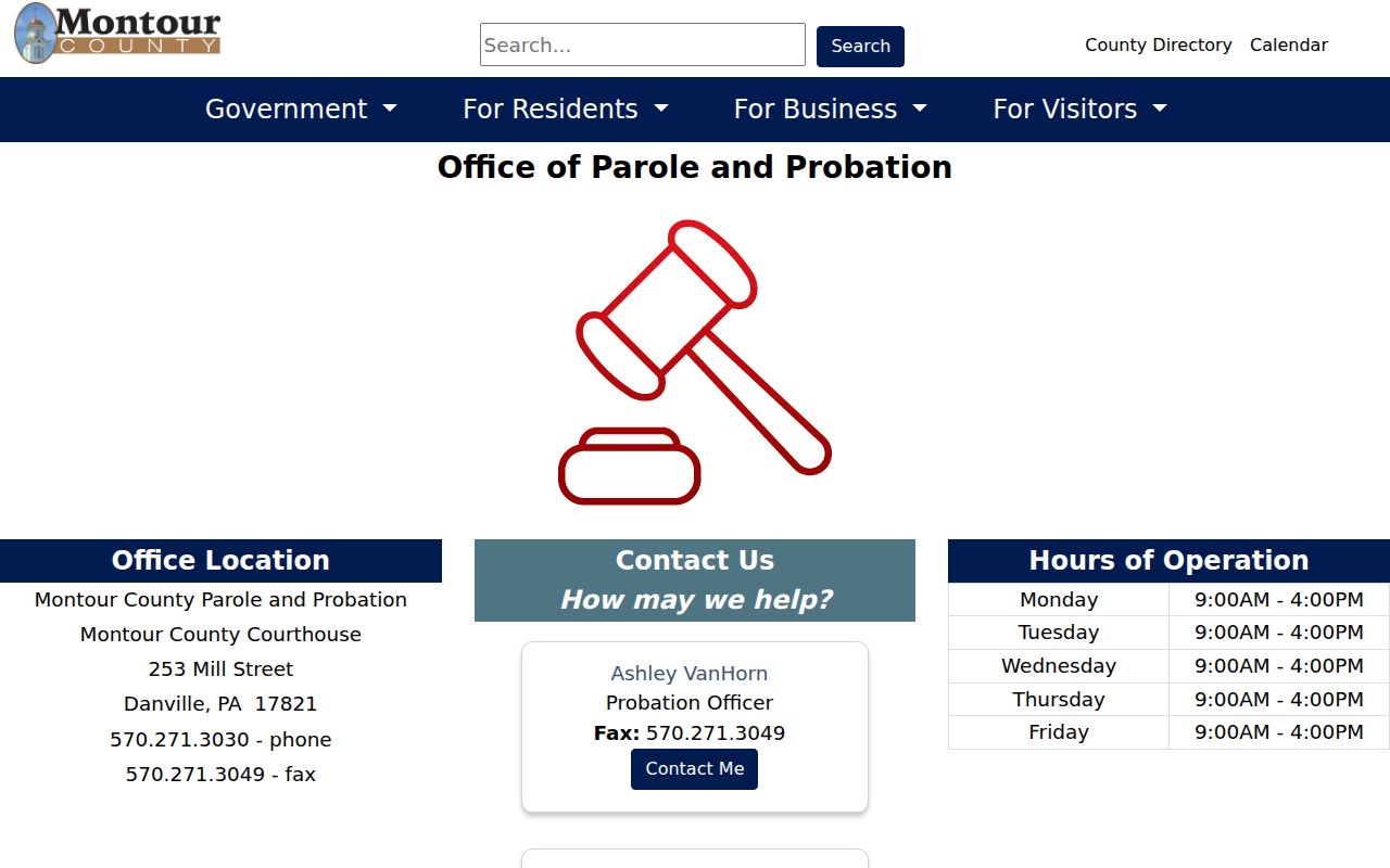 Montour County parole and probation criminal record contact page
