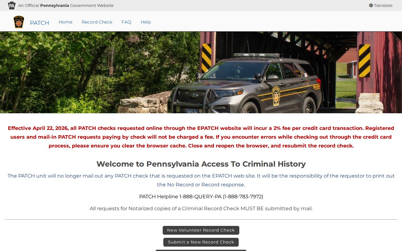 PATCH portal for a Montour County Pennsylvania criminal history check