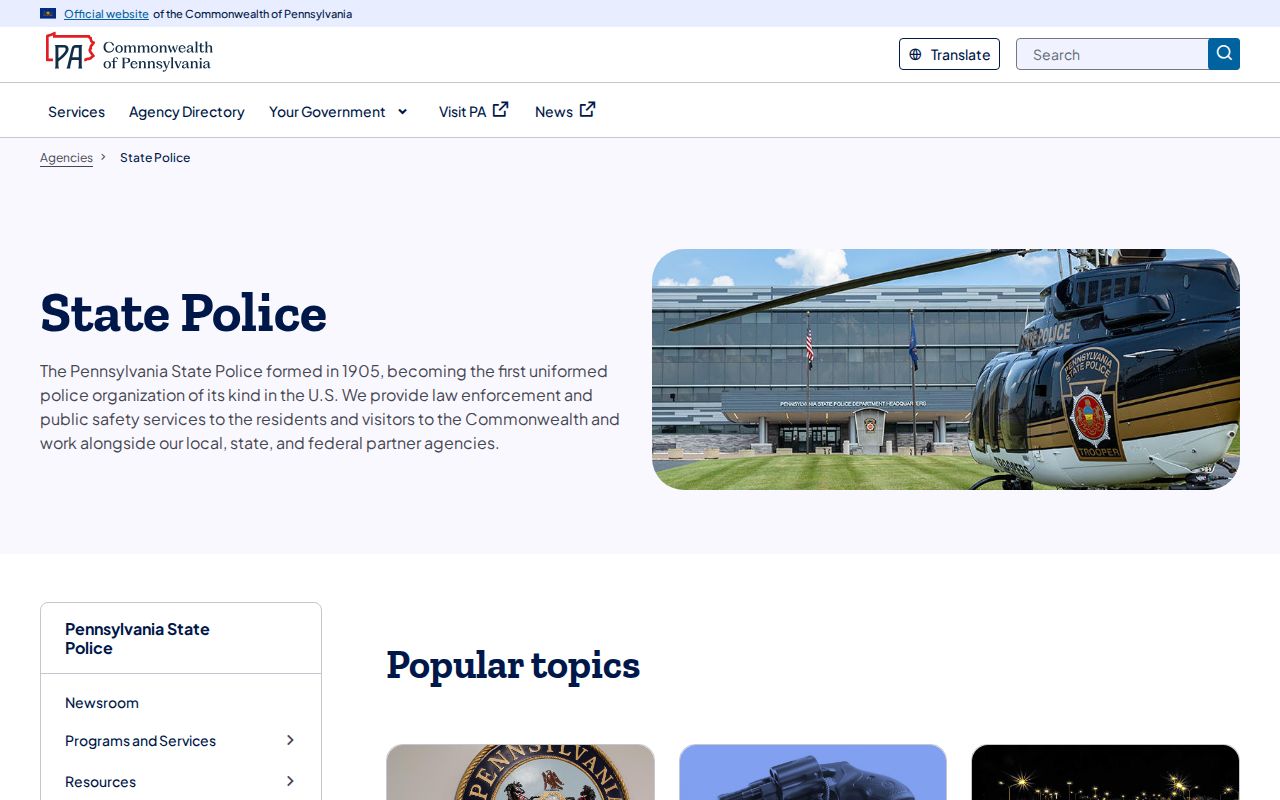 Pennsylvania State Police official page used for Riverside police record routing