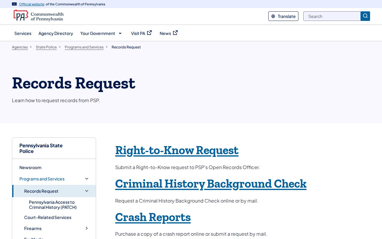 Pennsylvania State Police records request hub for Washingtonville records